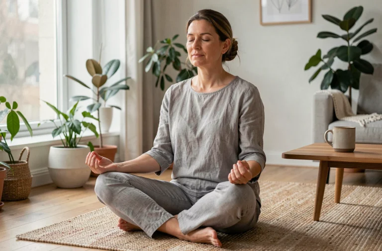 Femme pratiquant la méditation chez elle pour améliorer son bien-être quotidien