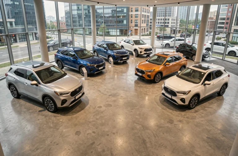Vue panoramique d'une sélection de voitures hybrides non rechargeables exposées dans un showroom automobile moderne en 2026
