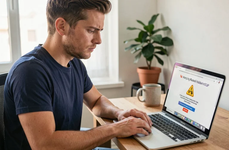 Homme consultant un message d'avertissement d'URL masquée sur son navigateur depuis un bureau à domicile