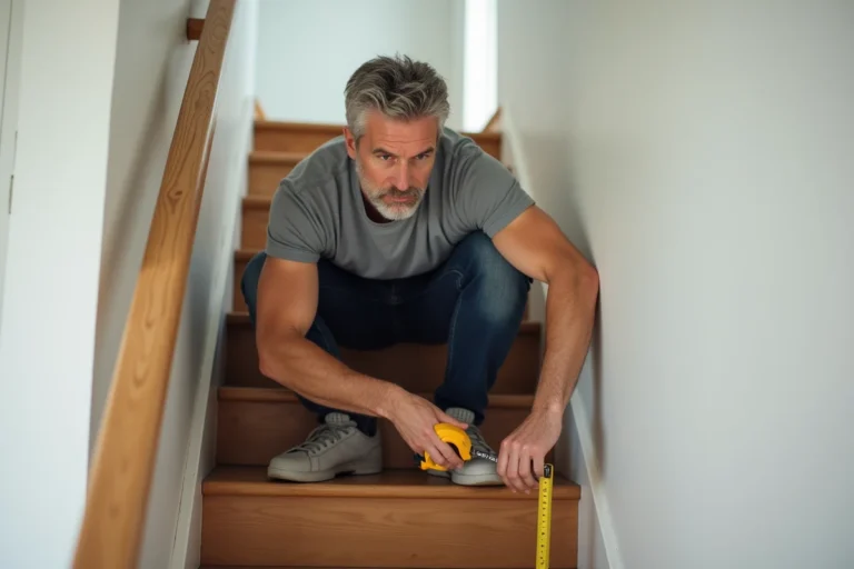 Homme mesurant la largeur d'une marche d'escalier en bois avec un mètre ruban jaune dans un intérieur moderne