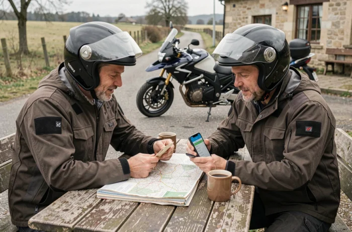 Deux motards planifiant leur itinéraire autour d'un café en terrasse avec leurs motos en arrière-plan