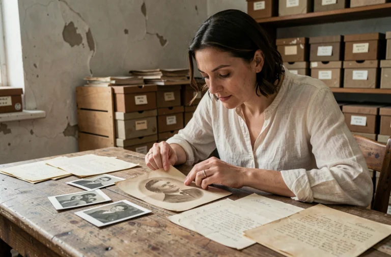 Femme étudiant des photographies de famille anciennes et des documents manuscrits sur une table en bois, explorant les mystères de ses origines familiales