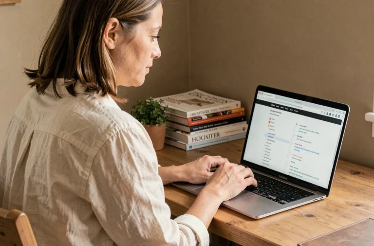 Femme naviguant le plan du site Maison Mania sur un ordinateur portable dans un bureau à domicile