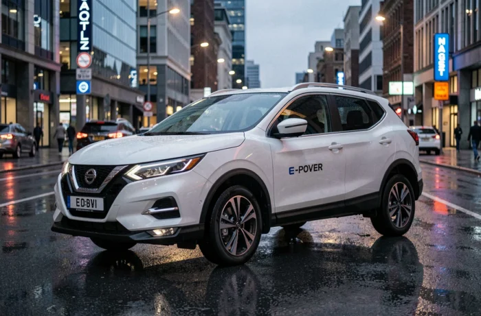 Nissan Qashqai e-Power blanc nacré sur un boulevard urbain sous la pluie au crépuscule, illustrant sa technologie électrique sans recharge