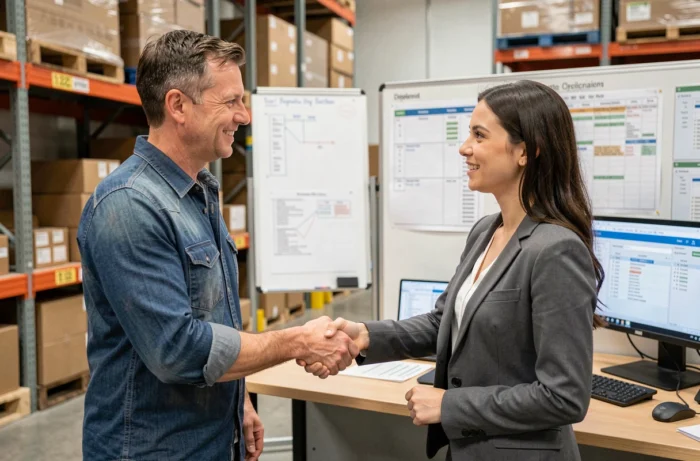 Manager accueillant une nouvelle recrue temporaire lors d'un onboarding rapide dans un entrepôt logistique
