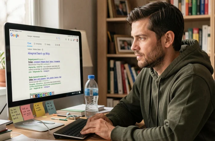 Homme utilisant des opérateurs de recherche Google pour retrouver l'email d'un profil Instagram