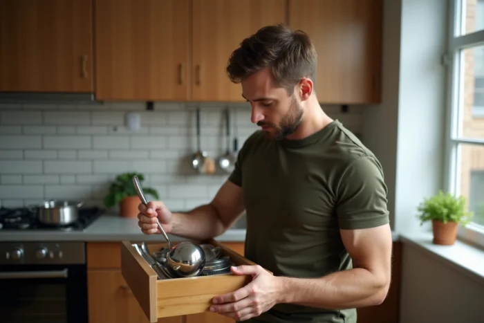 Homme inspectant une louche dans un tiroir de cuisine bien organisé dans un appartement moderne