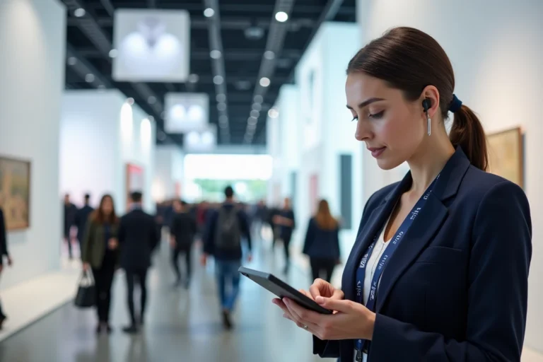 Organisatrice d'événement professionnelle consultant une tablette numérique à l'entrée d'un grand salon d'exposition contemporain