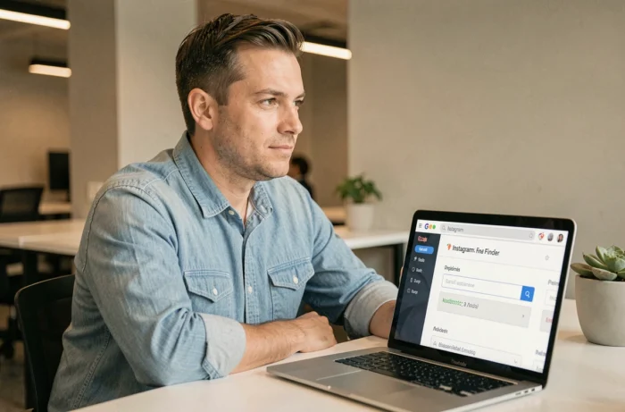 Homme utilisant un outil spécialisé de recherche d'email à partir d'un profil Instagram