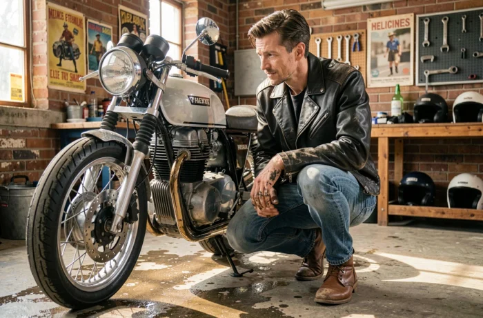 Passionné de moto en veste de cuir inspectant un café racer dans un garage authentique