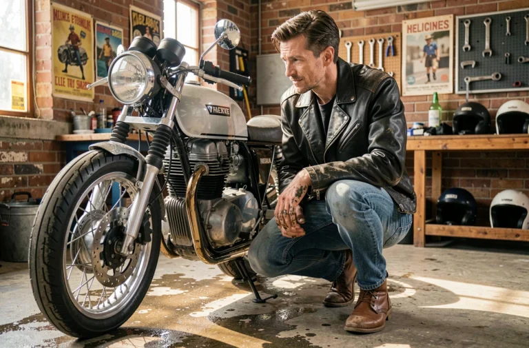 Passionné de moto en veste de cuir inspectant un café racer dans un garage authentique