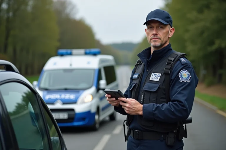Policier en uniforme contrôlant un permis de conduire avec un appareil électronique lors d'un arrêt routier en France