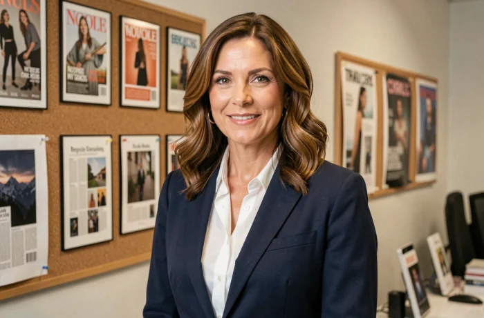 Portrait éditorial d'une actrice américaine souriante dans un bureau moderne entouré de magazines et d'articles de presse