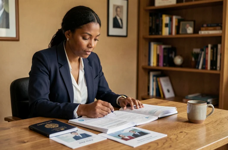 Femme préparant les documents nécessaires pour une demande de visa Belgique à son bureau