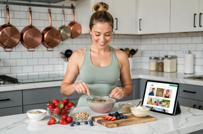 Femme préparant un bol de smoothie healthy en consultant les rubriques bien-être du site Belle en Forme