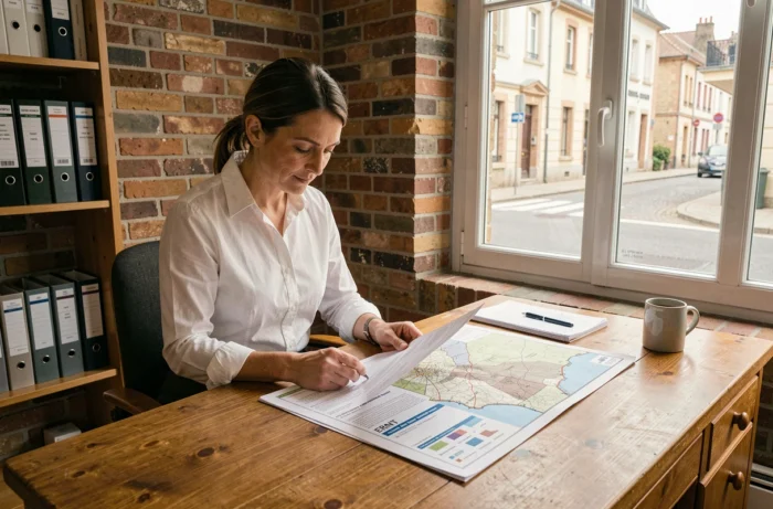 Professionnelle de l'immobilier examinant un état des risques naturels et technologiques dans un bureau
