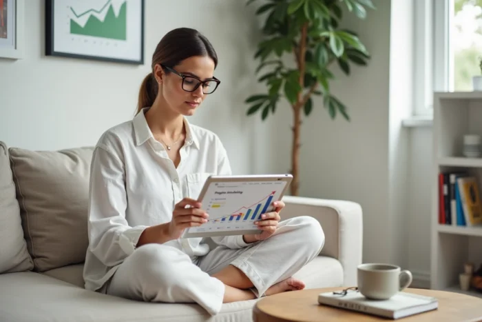 Jeune professionnelle du référencement consultant un rapport de positionnement de mots-clés sur une tablette depuis son bureau à domicile