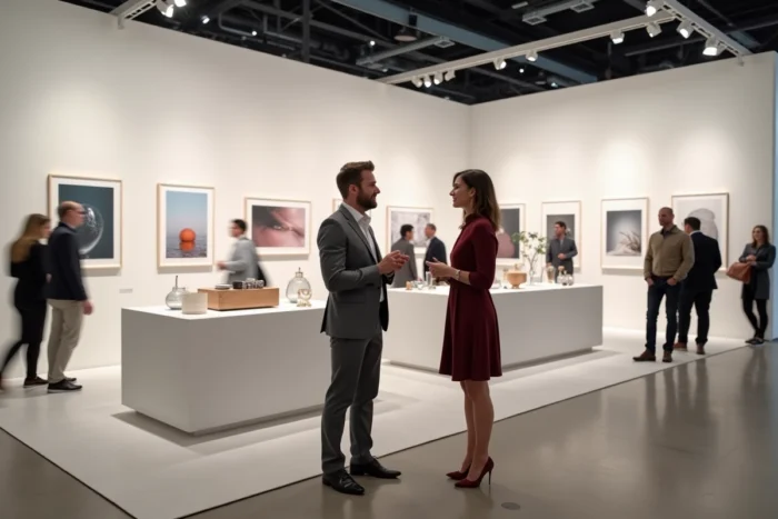 Deux professionnels en discussion animée devant un stand d'exposition minimaliste lors d'une foire artistique haut de gamme