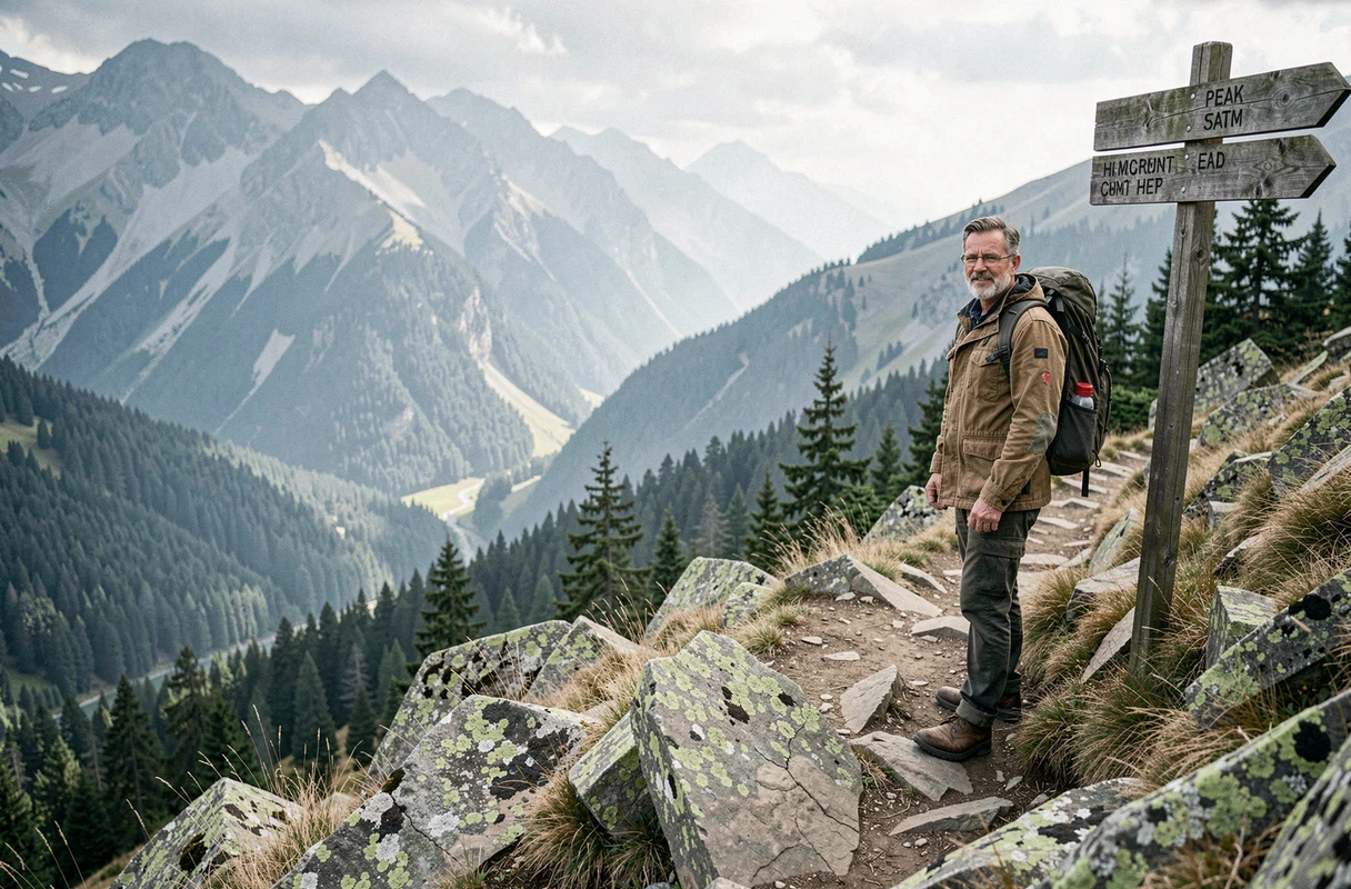 Un randonneur expérimenté observe un panorama de montagne depuis un sentier alpin lors d'un voyage en pleine nature