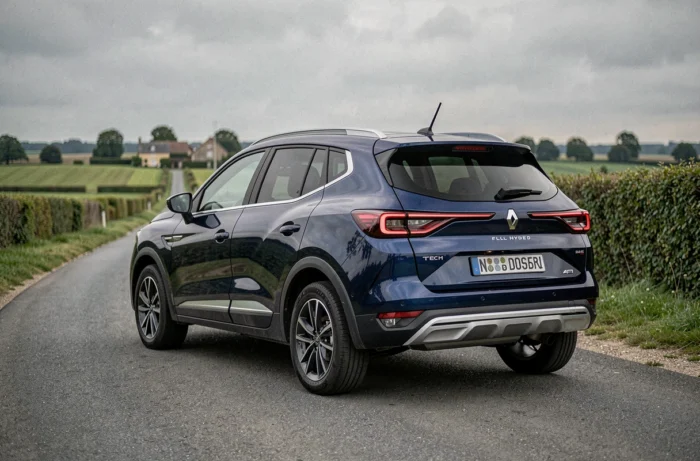 Renault Austral E-Tech Full Hybrid 200 bleu marine photographié de trois-quarts arrière sur une route de campagne française