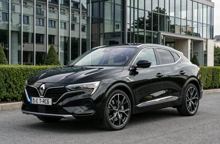 Renault Rafale E-Tech noir obsidien garé devant un bâtiment contemporain, mettant en valeur son design haut de gamme de SUV-coupé français
