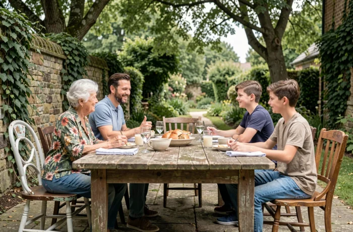 Famille multigénérationnelle réunie autour d'un repas convivial dans un jardin ensoleillé