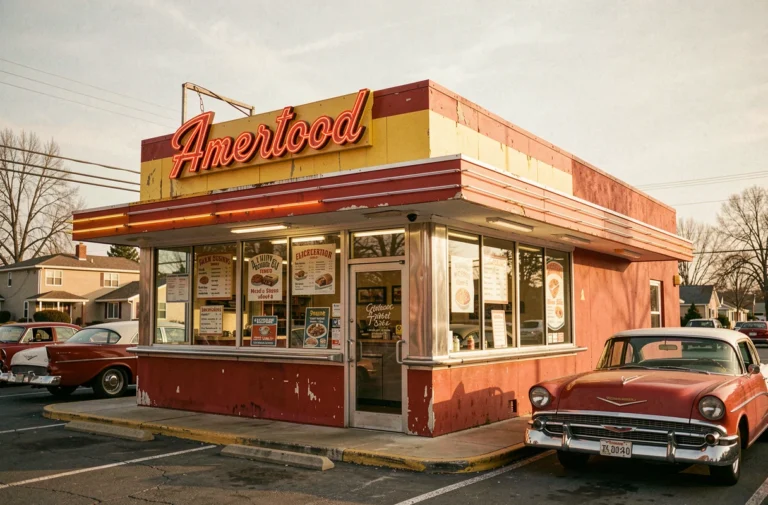 Façade d'un ancien restaurant fast-food américain des années 1950 avec enseigne rétro et voitures d'époque
