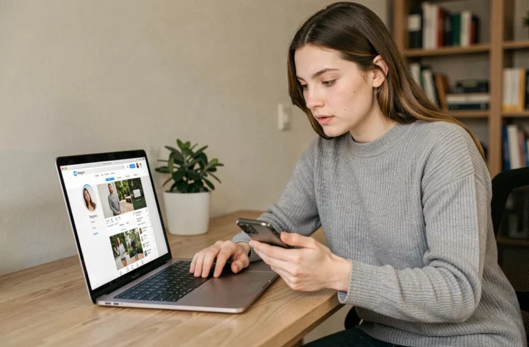 Femme cherchant une adresse email via Instagram sur ordinateur et smartphone