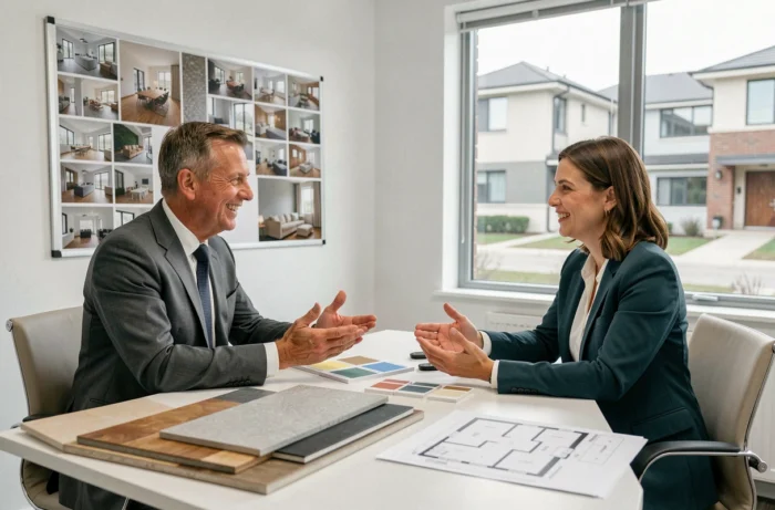 Réunion de conseil en architecture entre professionnels de Peps Immobilier autour de plans et d'échantillons de matériaux pour optimiser un projet immobilier
