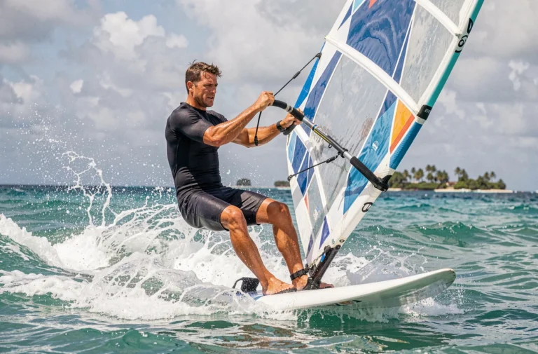 Robert Teriitehau en action sur son windsurf dans les eaux turquoise d'un lagon tropical, vue grand angle dynamique