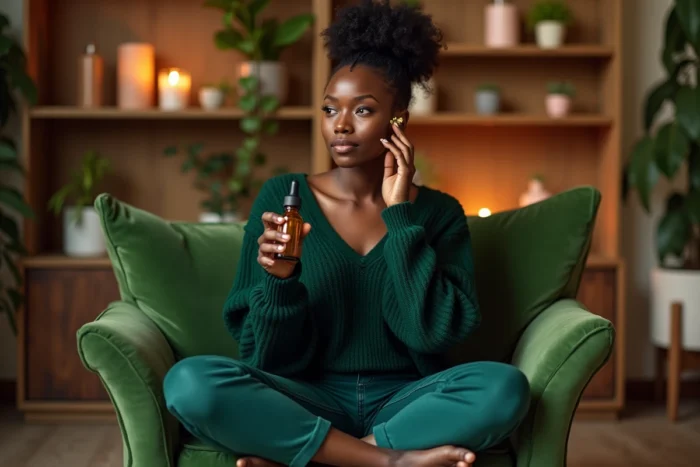 Femme noire appliquant un sérum visage de luxe dans un appartement cosy aux touches botaniques et naturelles