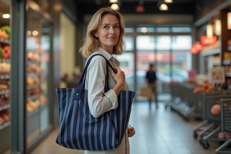 Femme portant un sac Armor Lux rayé bleu marine devant un supermarché Intermarché