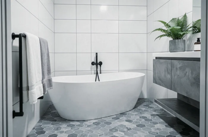 Salle de bain épurée avec baignoire blanche et carrelage gris, décoration blanc gris pour intérieur moderne
