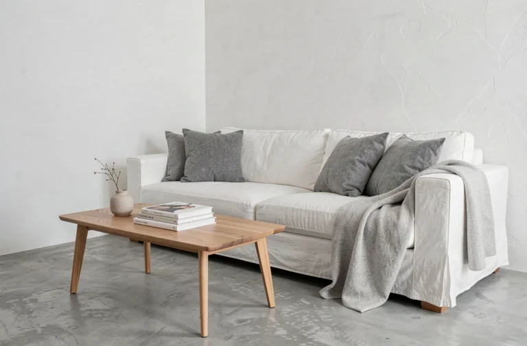 Salon contemporain avec canapé blanc et coussins gris dans un décor épuré aux tons blanc et gris