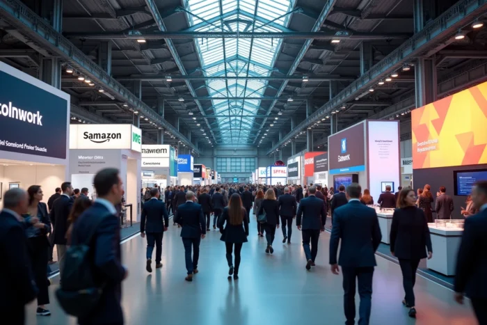 Vue grand angle d'un salon professionnel animé avec des stands d'exposition modernes et des visiteurs dans une grande salle de congrès