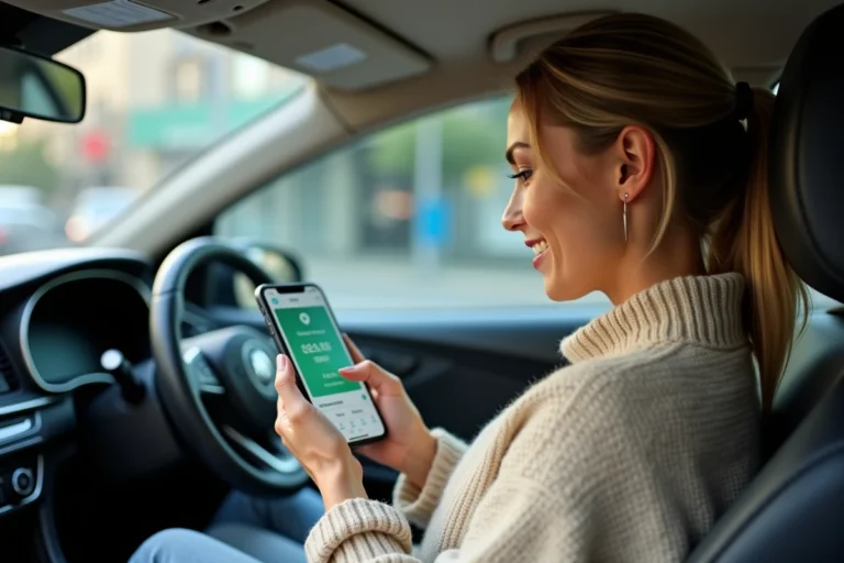 Femme consultant une simulation de prix de covoiturage sur son smartphone dans une voiture
