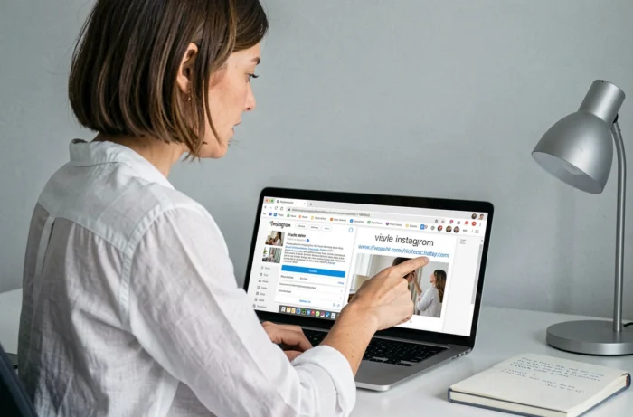 Femme consultant le lien du site web dans la bio Instagram pour trouver un email