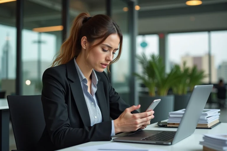 Employée de bureau au Québec regardant son téléphone personnel pendant les heures de travail dans un open space moderne