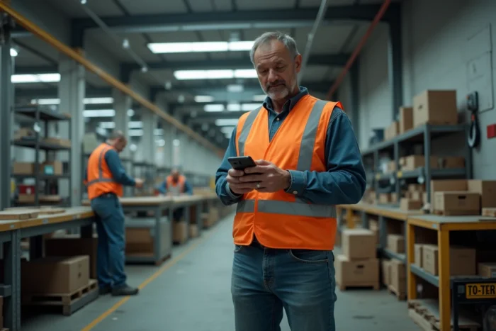 Travailleur en usine au Québec utilisant son téléphone personnel sur le plancher de production industrielle