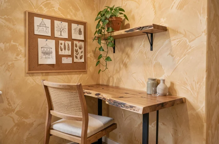 Bureau à domicile tendance 2024 avec bureau en orme, chaise en rotin et décoration biophilique végétale