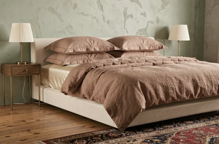 Chambre tendance quiet luxury 2024 avec literie en lin taupe, mur à la chaux sauge et parquet en chêne
