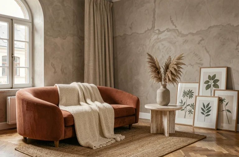 Salon scandinave tendance 2024 avec canapé terracotta, table en travertin et décoration naturelle en herbes de la pampa