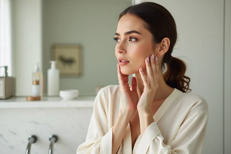 Femme aux 30 ans appliquant un maquillage naturel tendance avec teint lumineux et lèvres nude dans une salle de bain minimaliste
