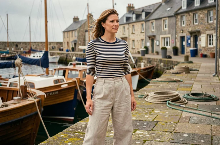 Femme portant une marinière bretonne rayée marine et écru sur un quai en granit dans un port de pêche breton
