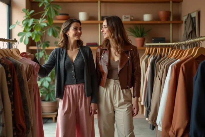 Deux femmes découvrant les nouvelles tendances mode de la saison dans une boutique indépendante au décor chaleureux, jupe satin et veste en cuir