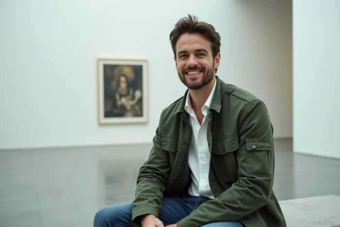 Homme en veste utilitaire verte et jean brut assis dans une galerie d'art moderne, look masculin tendance pour la nouvelle saison mode