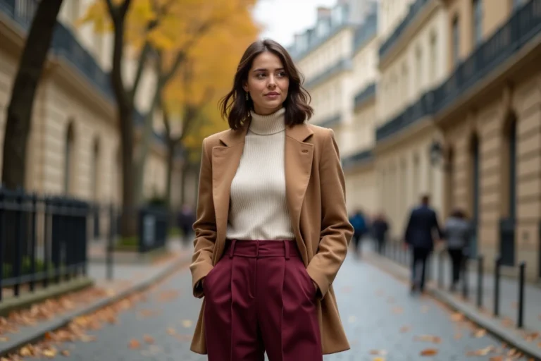 Femme portant un blazer camel oversize et un pantalon bordeaux à taille haute dans une rue pavée parisienne en automne, tendances mode de la saison