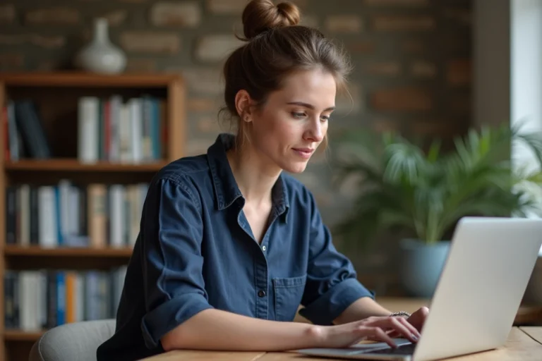 Femme travaillant sur son ordinateur portable dans un espace de coworking breton moderne