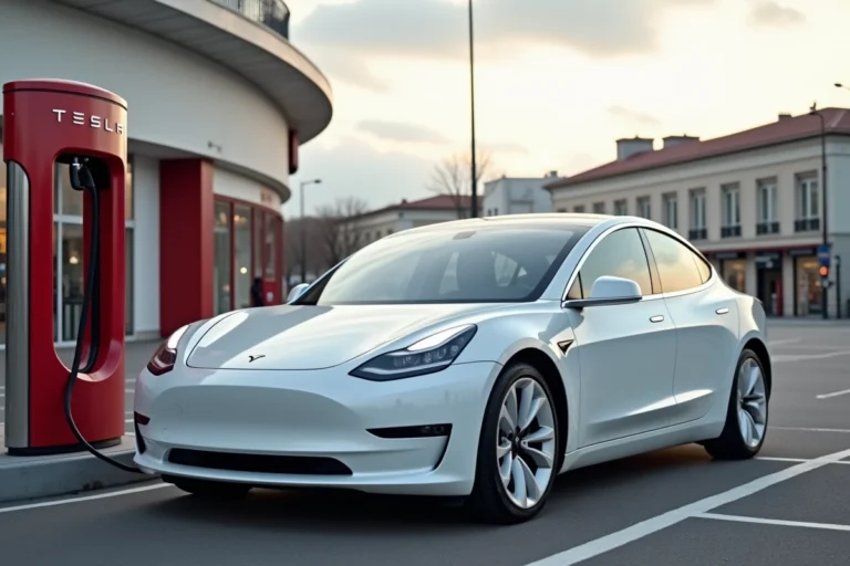 Tesla Model 3 branchée sur une borne Supercharger rouge dans un parking en France
