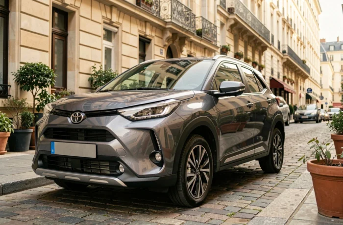 Toyota Yaris Cross Hybrid gris métallisé garé dans une rue pavée d'une ville européenne, montrant son design de SUV urbain compact